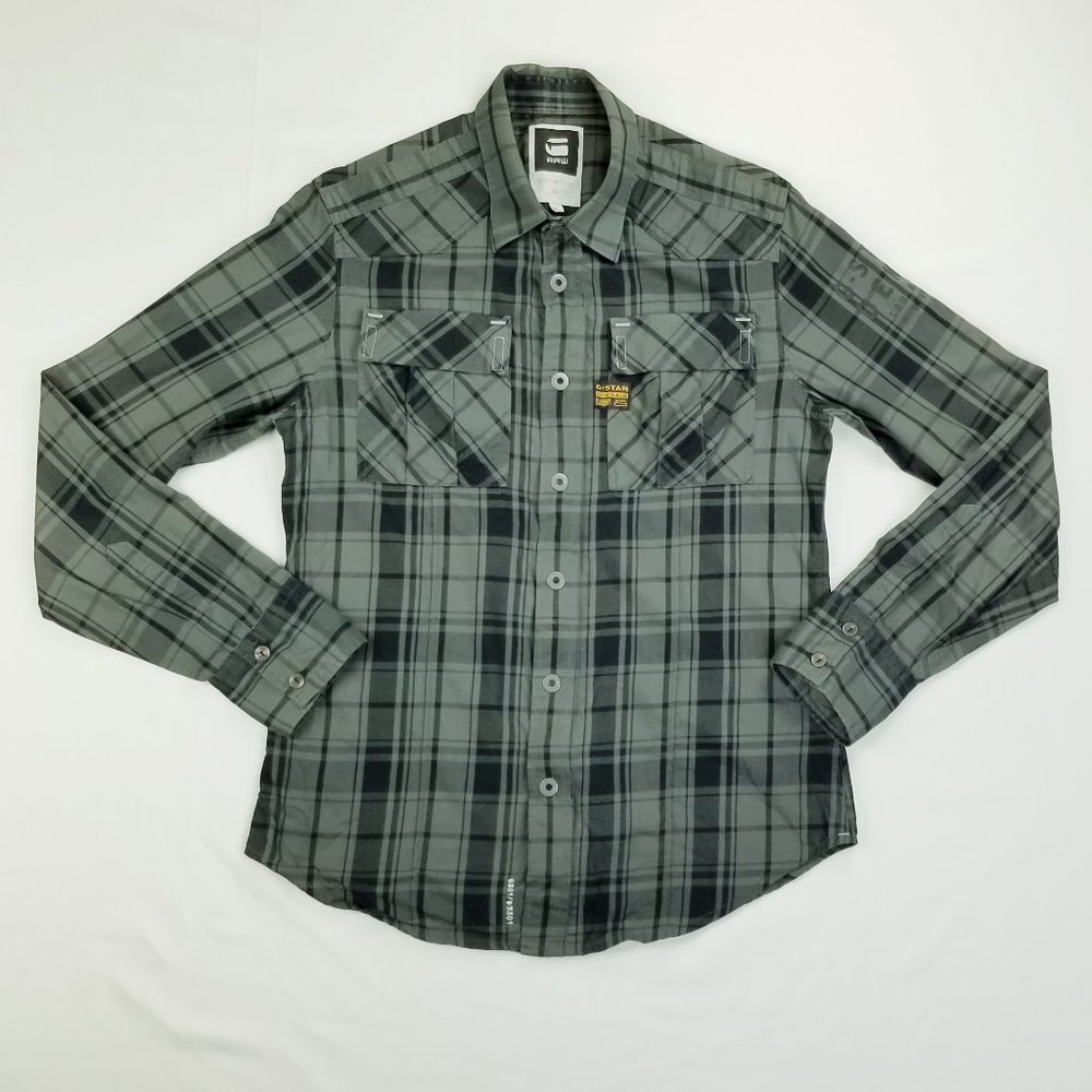 G-Star Originals RAW Denim Olive Green Black Plaid Logo Tag Snap Zipper Closure